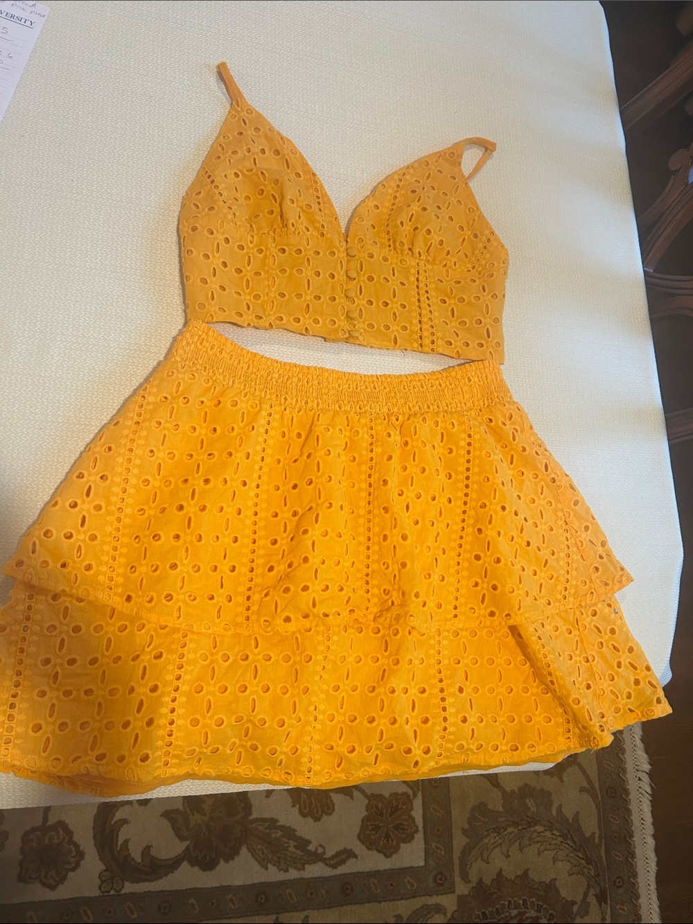 BAR lll Orange Eyelet Two-Piece Crop Top and Skirt Set